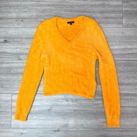 Massimo Dutti Women's‎ Orange V-Neck Long Sleeve Pullover Faux Fur Sweater Small - Picture 1 of 8